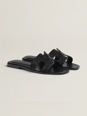 Authentic NWT Hermes Black Crystal Oran Slide Sandals - Women